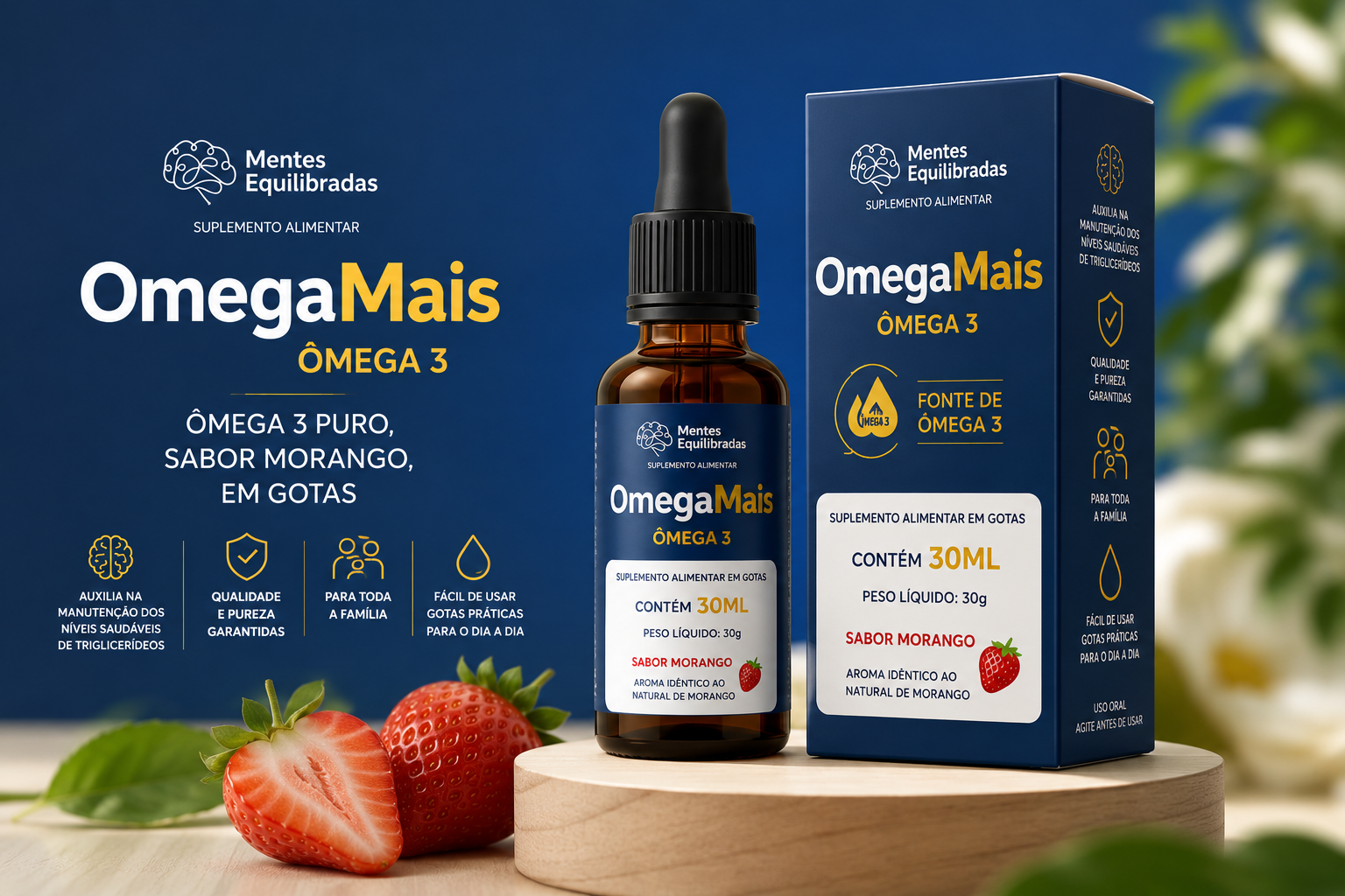 Frasco do OmegaMais Ômega 3 da Mentes Equilibradas