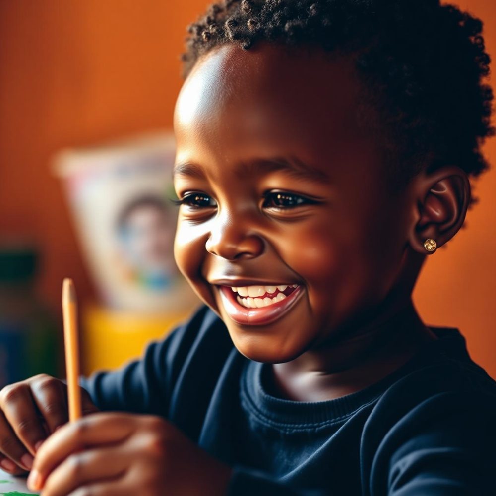 Criança atípica sorrindo enquanto desenha
