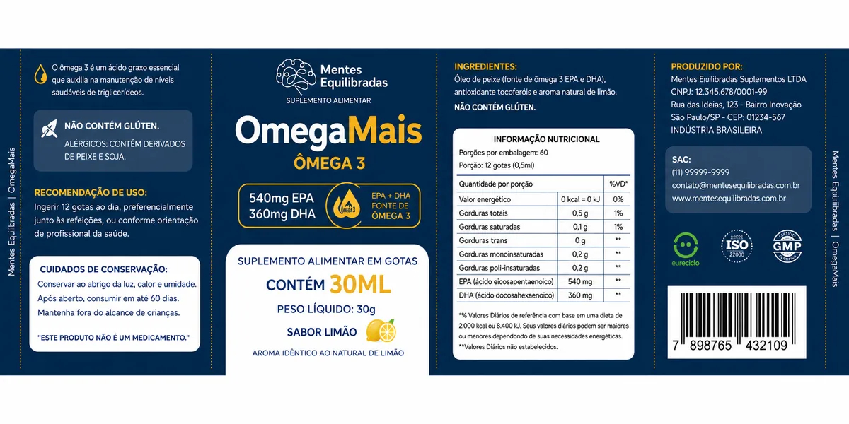 Rótulo completo do OmegaMais com informações nutricionais e ingredientes