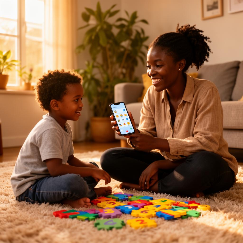 Mãe usando o app Jornada ABA com o filho
